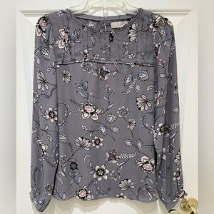 NWT LOFT Gray Floral Pintuck Long-Sleeve Blouse with Pink & Blue Accents